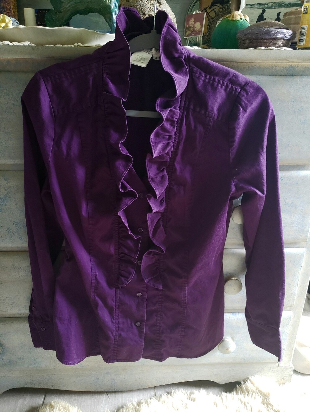 Como Purple Ruffled Tuxedo Blouse Shirt M Cotton